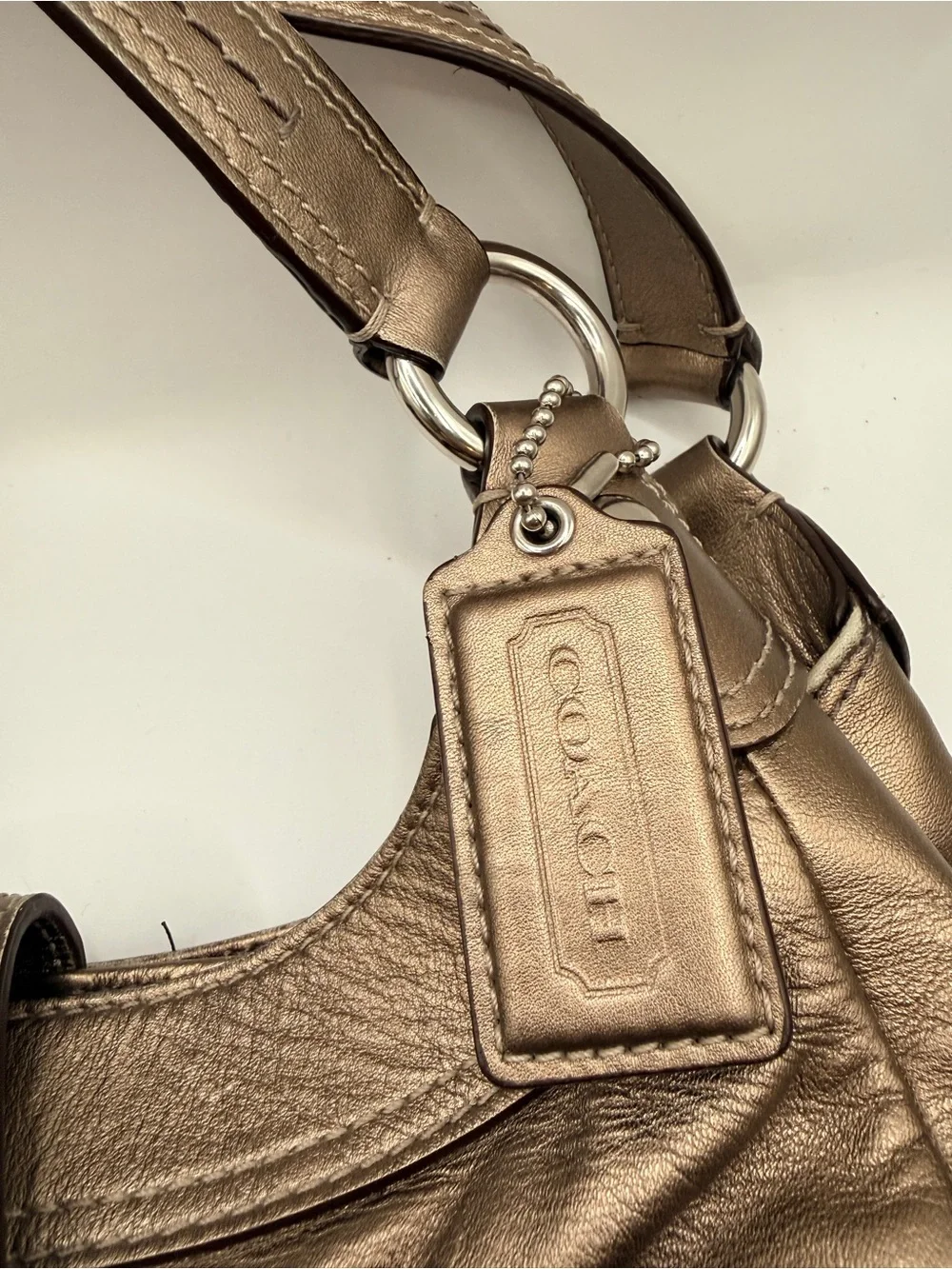 Coach Metallic Bronze Leather Shoulder Bag with Buckle Detail